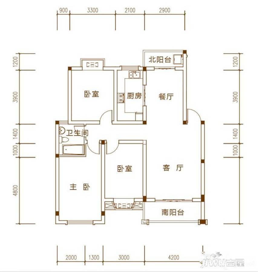 天工颐园三、四期3室2厅1卫113㎡户型图